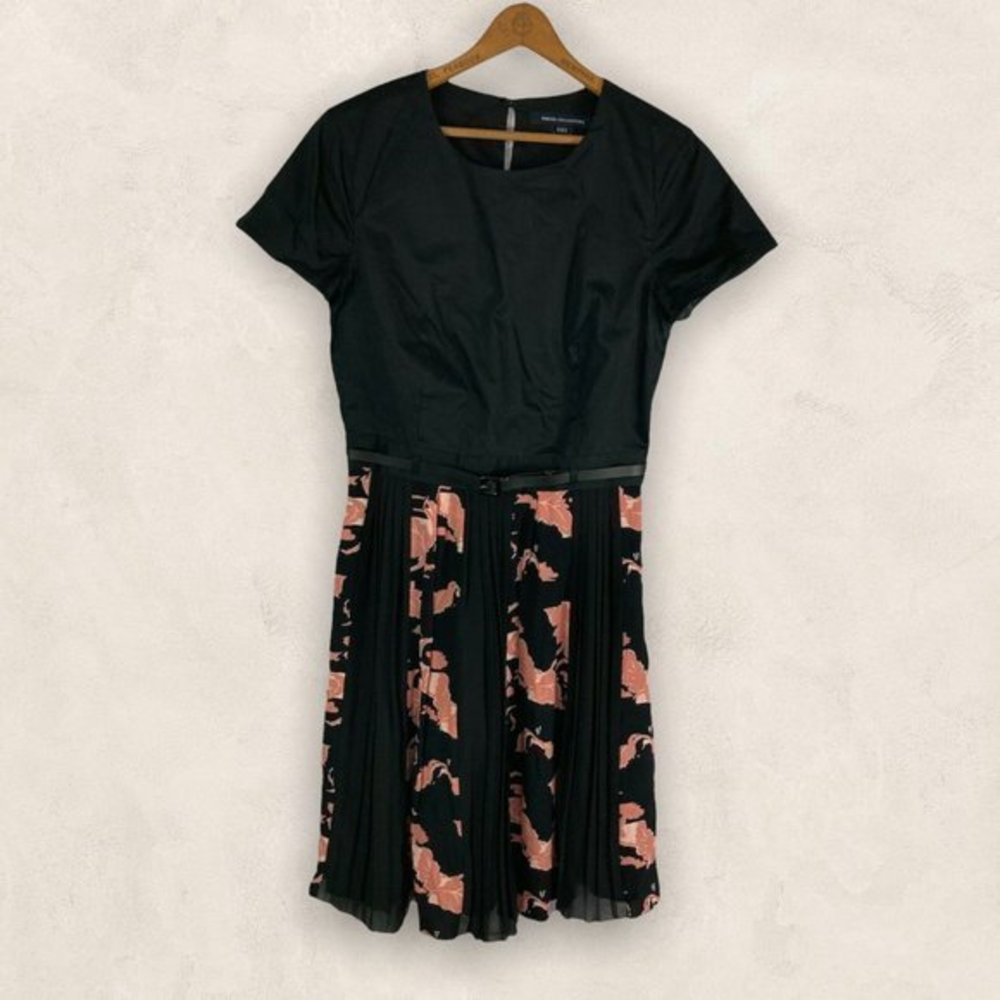 French Connection 8 Black Pink‎ Floral Accordion Pleated Belted A-Line Dress